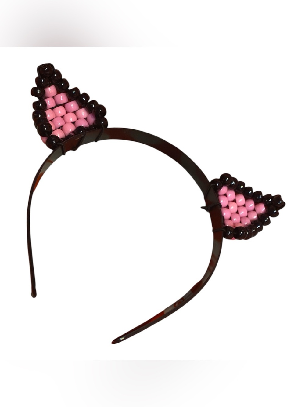 Hand Crafted Pink and Black Beaded Cat Ear Headband
